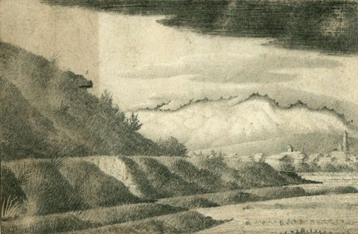 19th Century Pencil Drawing of a Countryside Landscape