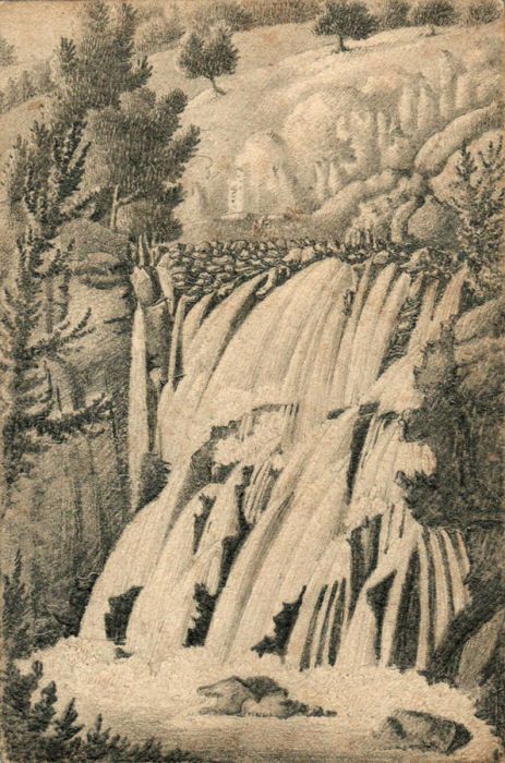 Fine 19th Century Pencil Drawing of a Waterfall