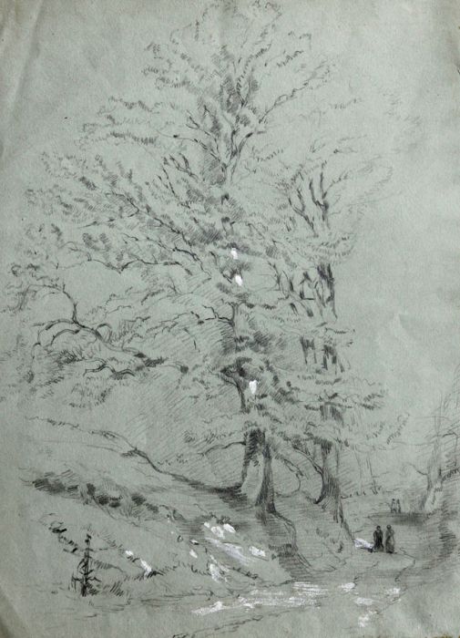 19th Century Pencil Drawing - Figures on Woodland Path