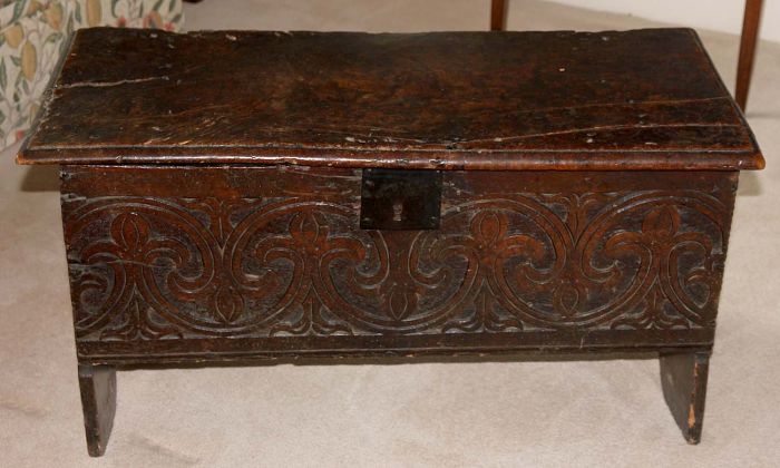 Very Small 17th Century Carved Oak Coffer