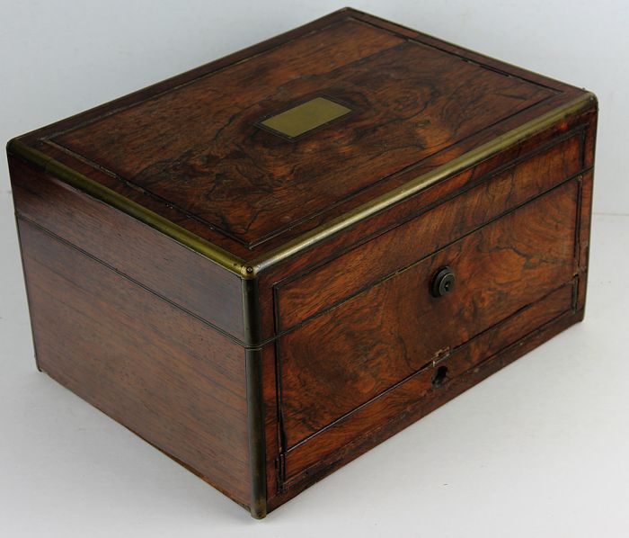 19th Century Figured Rosewood Brass Inlaid and Banded Sewing Box