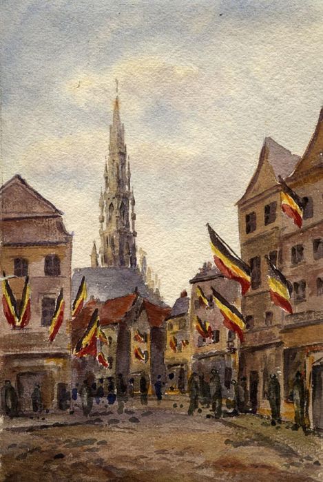 1918 Watercolour - Hotel de Ville Brussels
