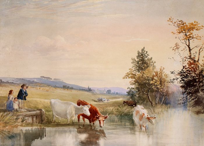 Fine 19th Century Watercolour Children Watching Cattle Grazing