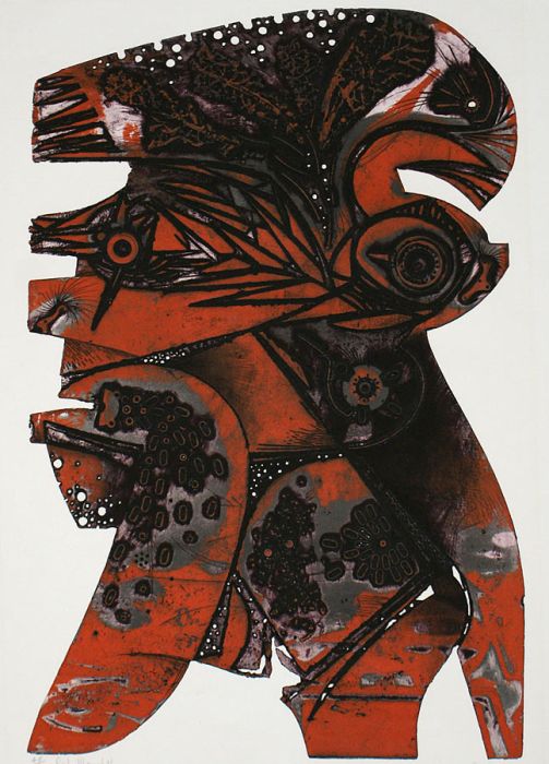 Jack Coutu A.R.E.,A.R.C.A. 1964 Signed Original Embossed Collograph Red Monolith