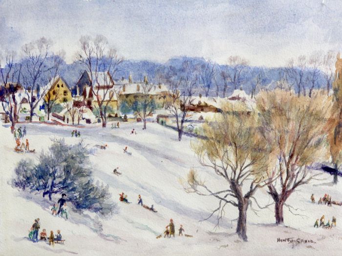 Deirdre Henty-Creer F.C.I.A.D., F.R.S.A. - Winter Scene Tobogganing Watercolour