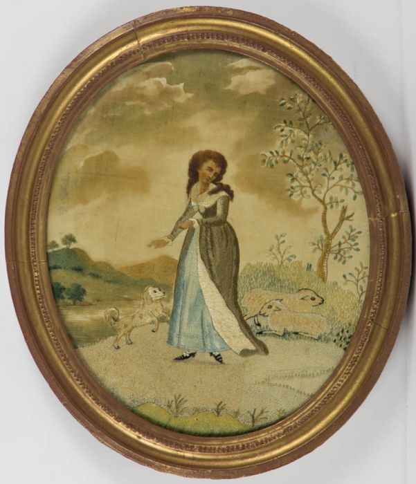 19th Century Silkwork Oval Study - Young Girl and Dog