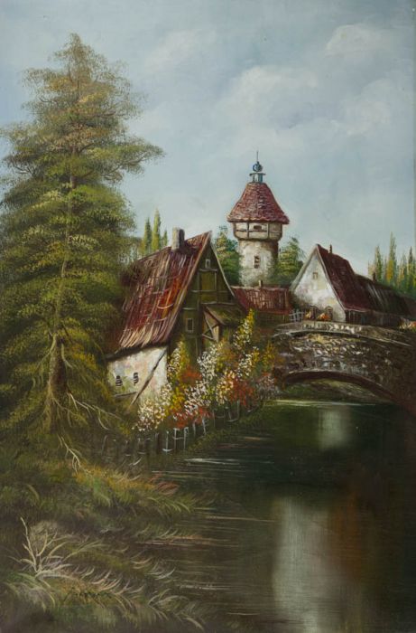 A. Leader - Mid 20th Century Oil, Village Scene with Bridge