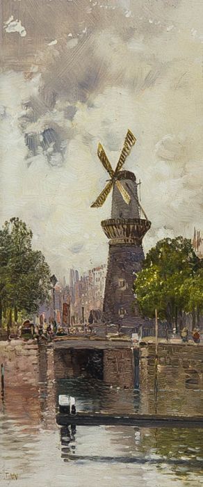 Monogram F.T.W. - Mid 20th Century Gouache, Dutch Canal Scene with Windmill