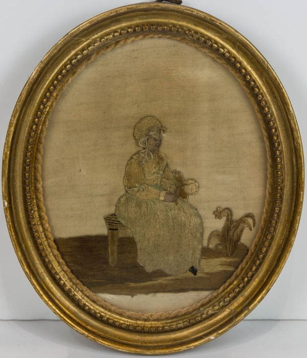 19th Century - Gilt Framed Needlework Picture of a Lady with a Flower