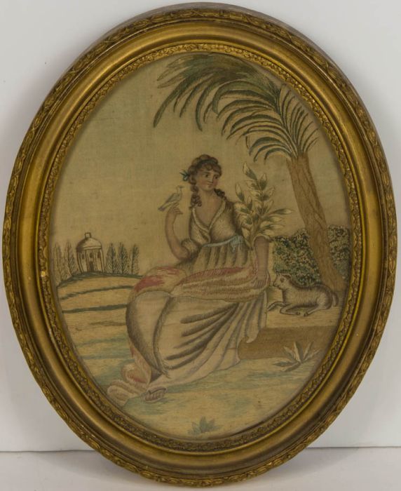 19th Century - Gilt Framed Needlework Picture of a Lady with a Bird and Lamb