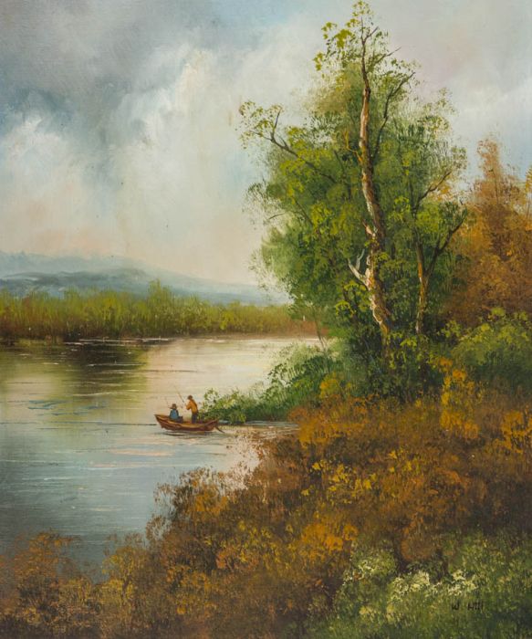 W. Hill - Mid 20th Century Oil, River Scene with Figures Fishing