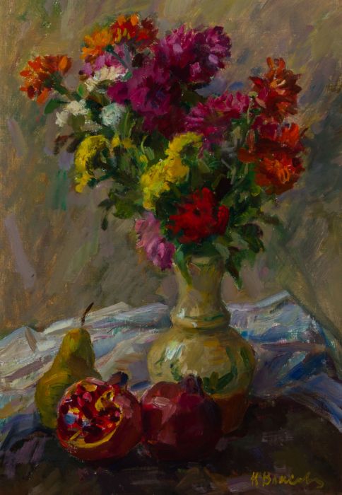 Klara Vlasova (b.1926) - 1965 Oil, Still Life with Flowers and Fruit