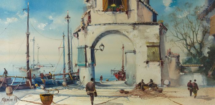 Jorge Aguilar-Agon - Spanish Mid 20th Century Oil, Mending the Nets
