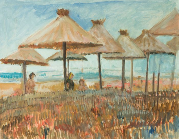 Gilbert Adams FRPS (1906-1996) - Mid 20th Century Oil, Beach Umbrellas