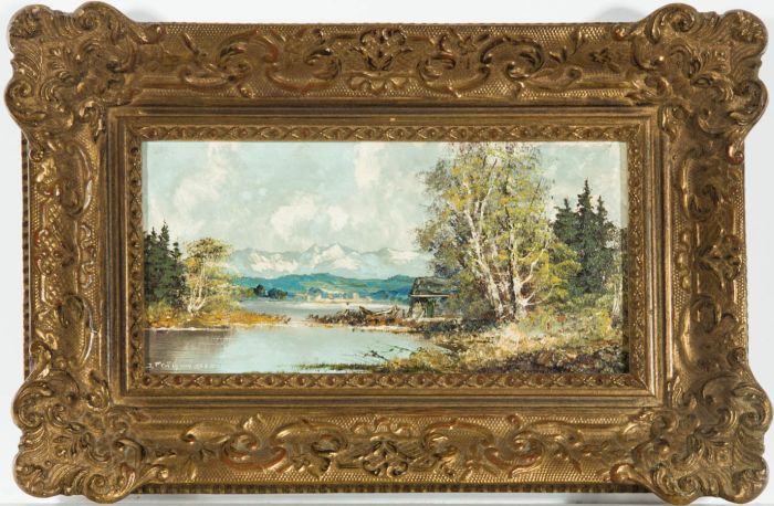 Mid 20th Century Oil - Landscape with Lake and Distant Mountains