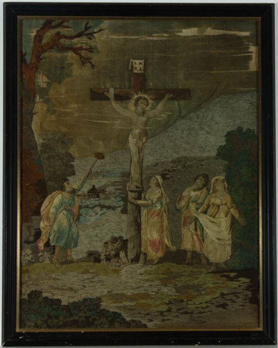 Early 19th Century Silk Longstitch Tapestry - Christ on the Cross