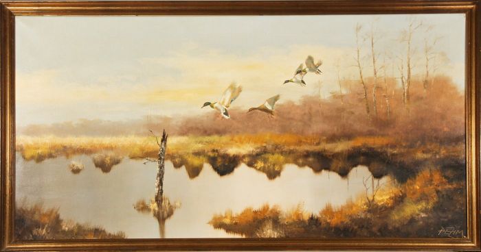 Pezim (b.1931) - Mid 20th Century Oil, Ducks in Flight