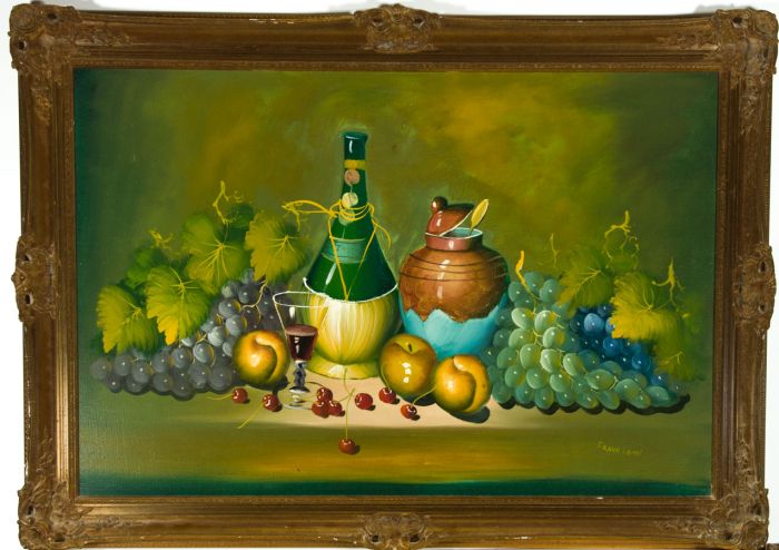 Frank Lean - Large Mid 20th Century Oil, Still Life with Fruit and Wine