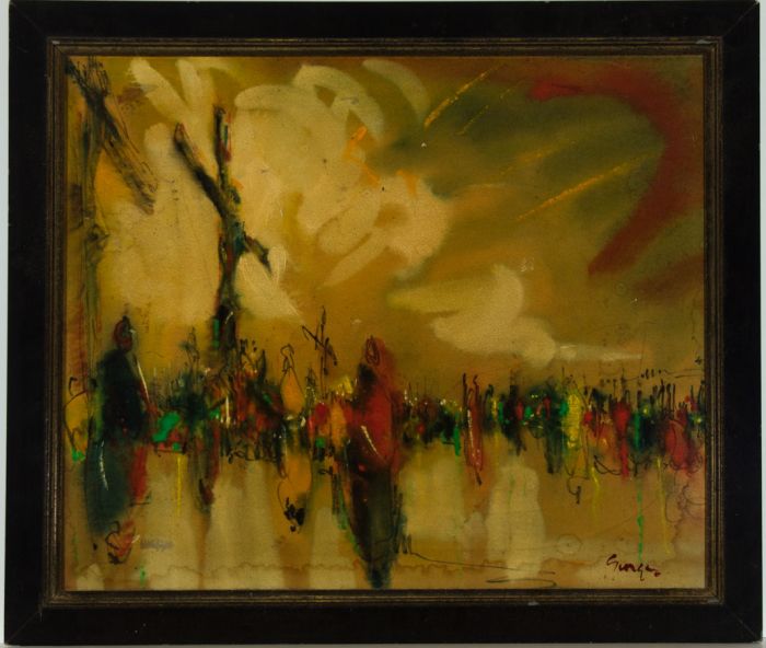 Gungo - Mid 20th Century Oil, A Crowd before Crucifixion Crosses