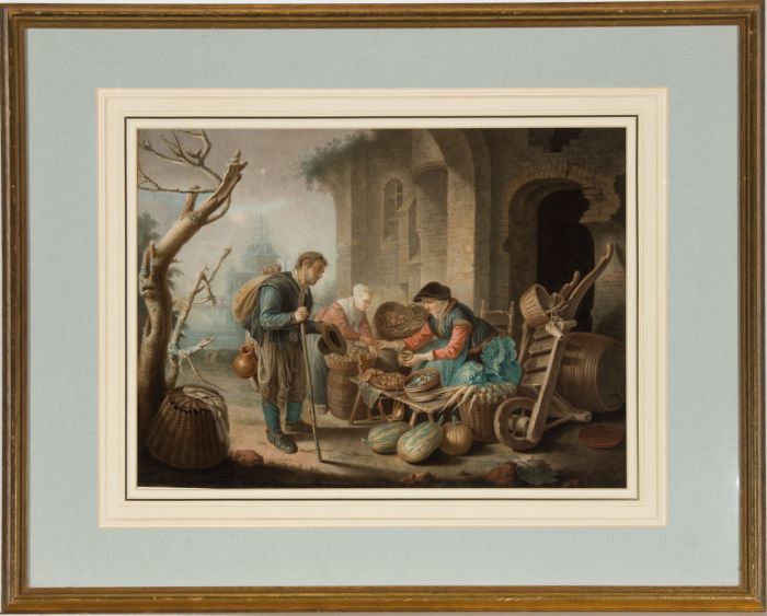 Dutch School - Superb 18th Century Watercolour, Selling Vegetables