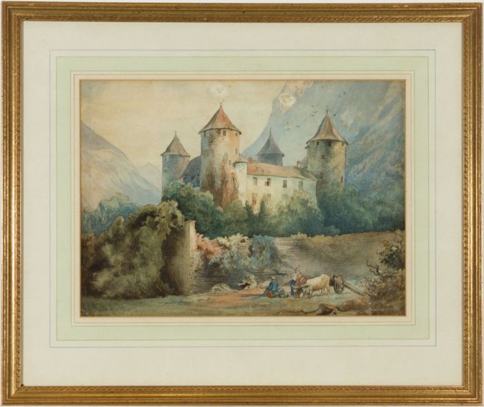 Henry Cole (1808-1882) - Watercolour, Castle and Herdsman in a Landscape