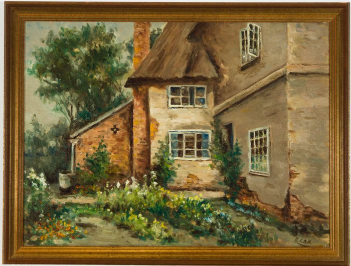 E. Cox - 1953 Oil, Cottage at Clifton, Nottingham 