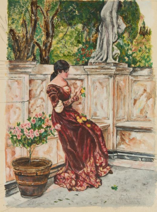 L.E. Evans - Pre-Raphaelite Style 1985 Oil, Portrait of a Woman in a Garden