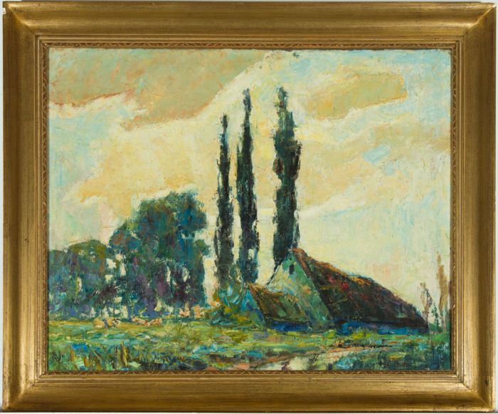 Impressionist Style, Signed Mid 20th Century Oil - Landscape with Cyprus Trees