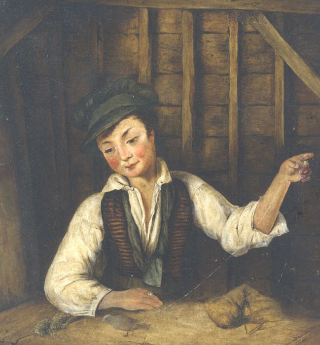English School Early 19th Century Oil - Stable Boy Playing with a Bird