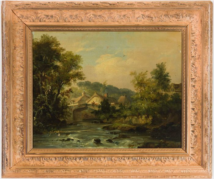 English School 19th Century Oil - River Landscape with Figure on a Stone Bridge