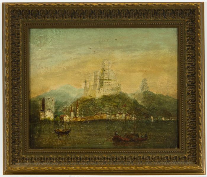 Continental School Early 19th Century Oil - Boats off an Island Fortress
