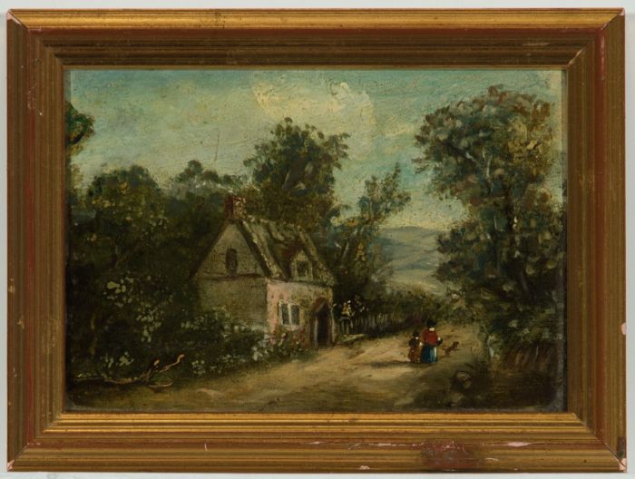 Miniature 19th Century Oil - Country Cottage with Figures