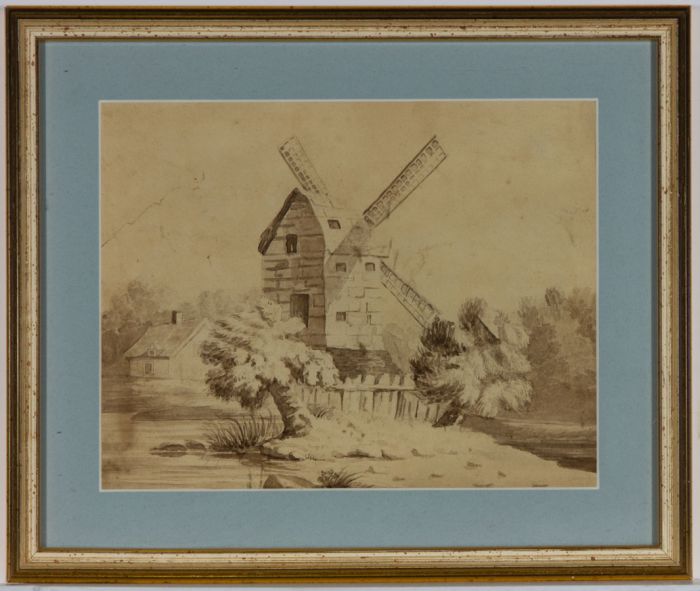 19th Century Monochrome Watercolour - Windmill