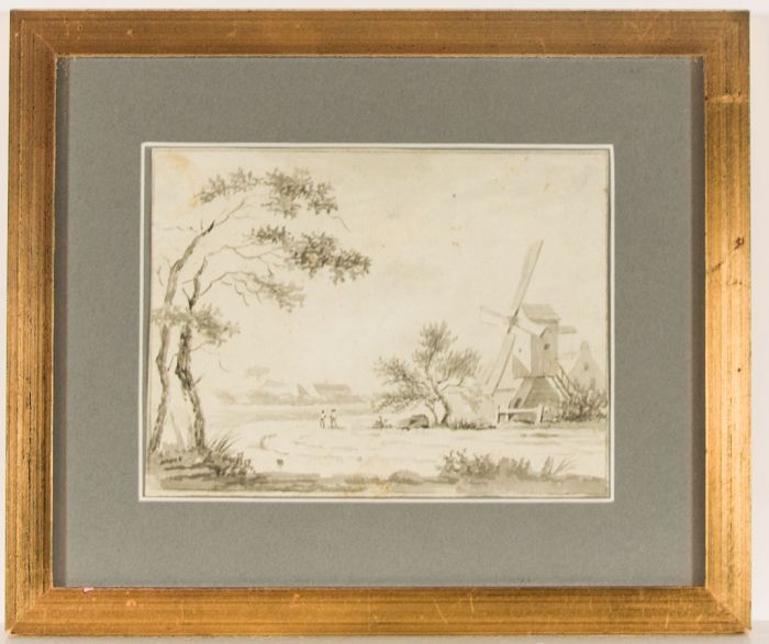 Monochrome 19th Century Watercolour - Landscape with Windmill