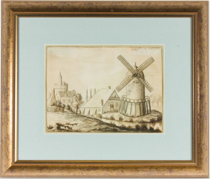 Monochrome 18th Century Watercolour - Windmill View