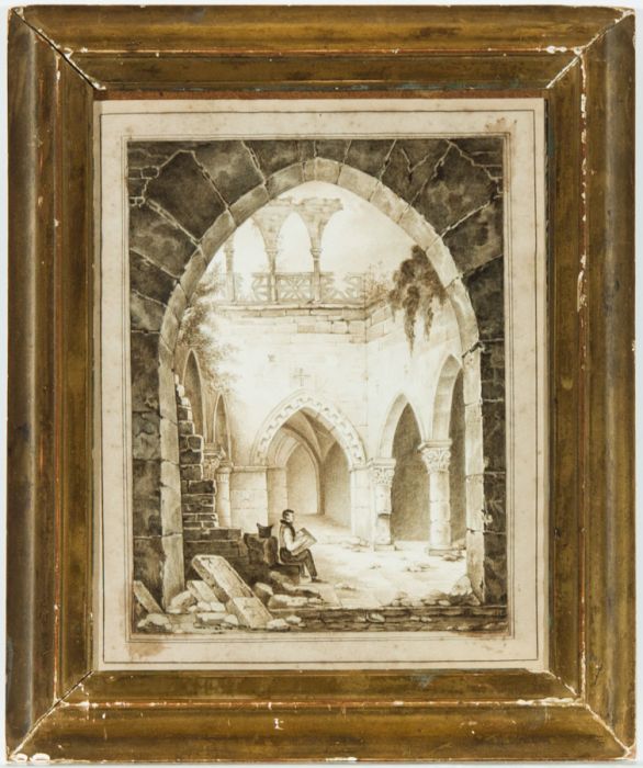 Small Late 19th Century Pen and Ink Drawing - Artist in a Classical Ruin