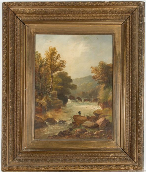 T. Hawley - Signed Mid 19th Century Oil, Fisherman by a River