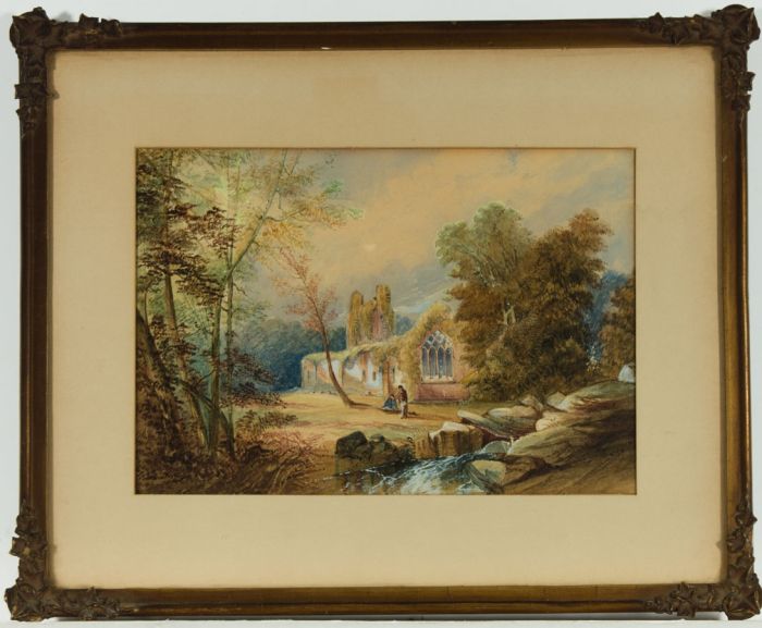 19th Century Watercolour - Landscape with Couple and a Church Ruin