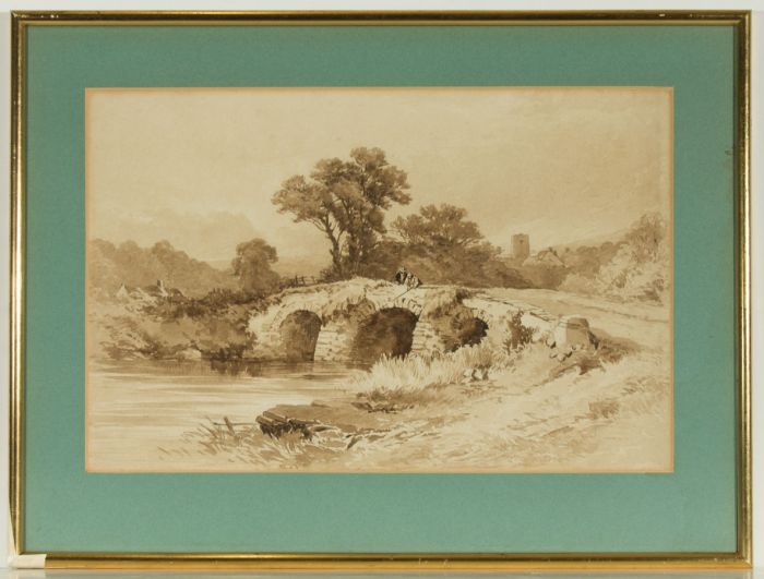 Framed Sepia 19th Century Watercolour - Fishing from a Stone Bridge