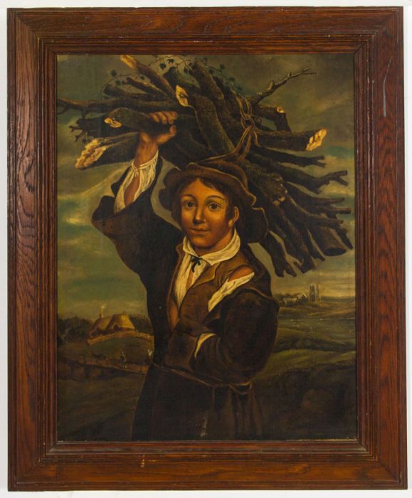 J.H.C. - Monogrammed 1833 Oil, Boy Carrying Wood