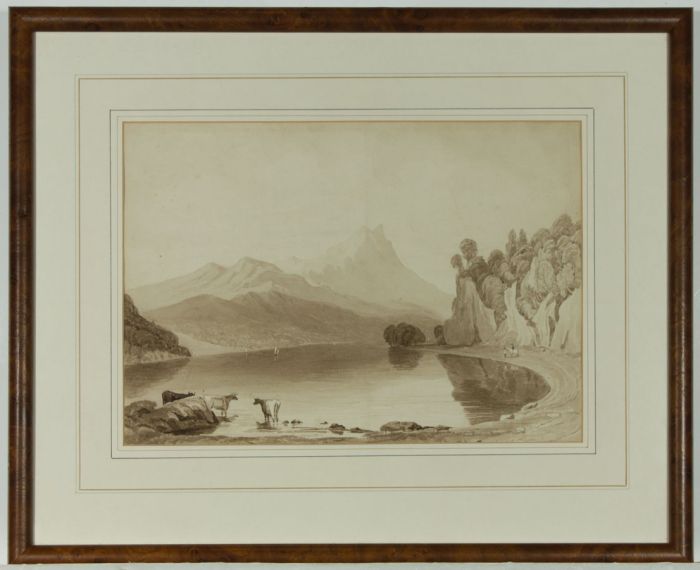 Hobson - c.1800 Watercolour, Cattle by Lakeshore