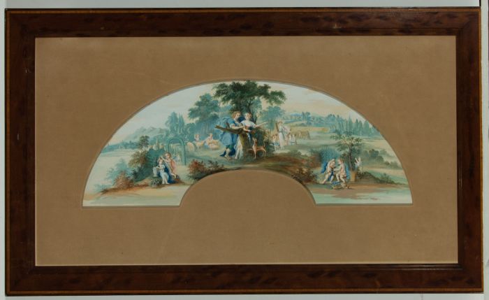 19th Century Gouache In a Parquetry Frame - Figures in a Landscape