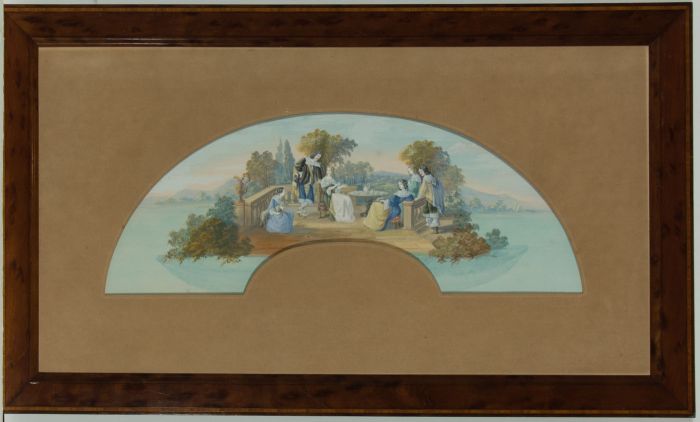 19th Century Gouache in a Parquetry Frame - Figures Taking Tea