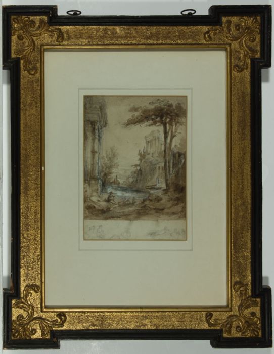 Italian School Sepia 18th Century Watercolour - Landscape with Figure and Ruins