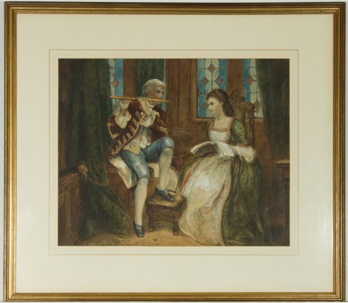 H.H. - Signed 1881 Watercolour, Suitor and a Lady in a Courtly Interior