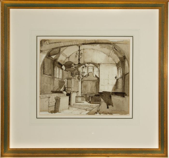 Francis Sydney Unwin (1885-1925) - Signed Sepia Watercolour, Church Interior