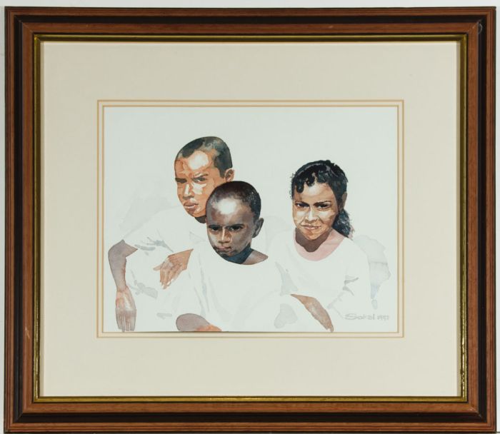 Sokal - Signed 1997 Watercolour, Portrait of Three Children