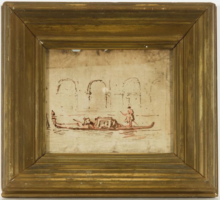 Early 19th Century Gilt Framed Pen and Ink Drawing - Venetian Canal Scene