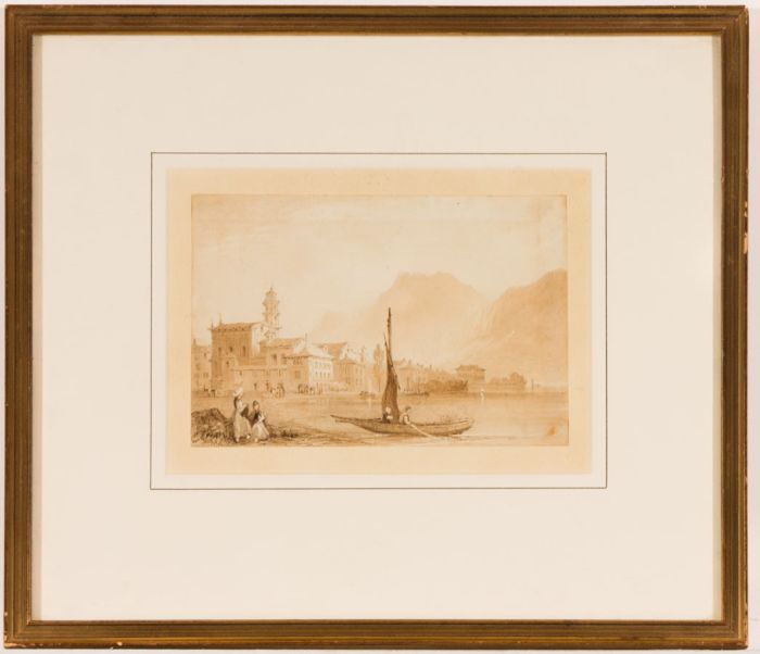 Attrib to Thomas Allom (1804-1872) - Sepia Watercolour - Italian Harbour Scene