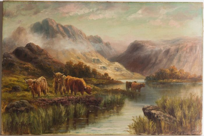 A. Turner - Signed Late 19th Century Oil, Highland Cattle by Lochs